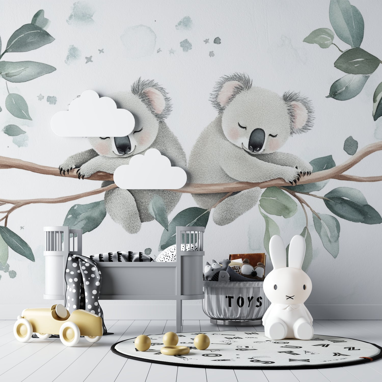 Australian koala wallpaper bringing charm to a gender-neutral nursery with gray and white decor