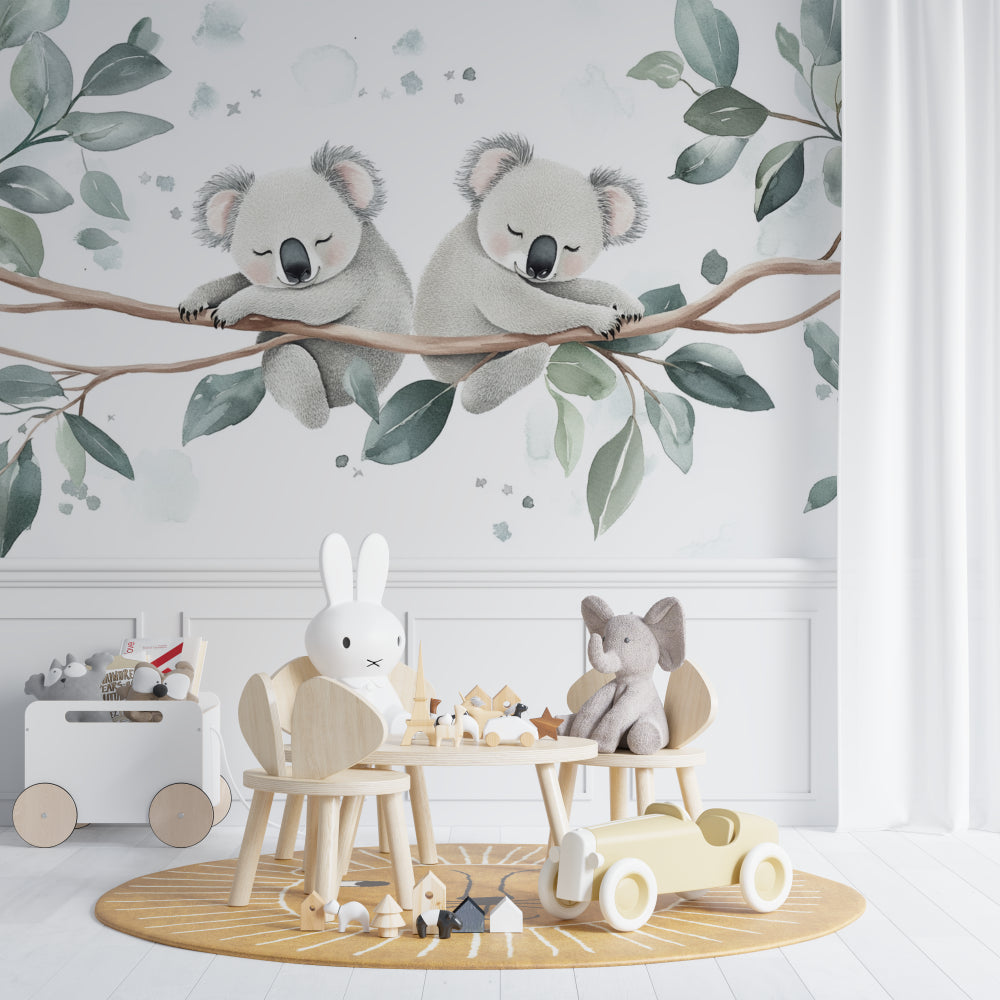 Koala eucalyptus wallpaper styled in a minimalist children's bedroom with natural accents