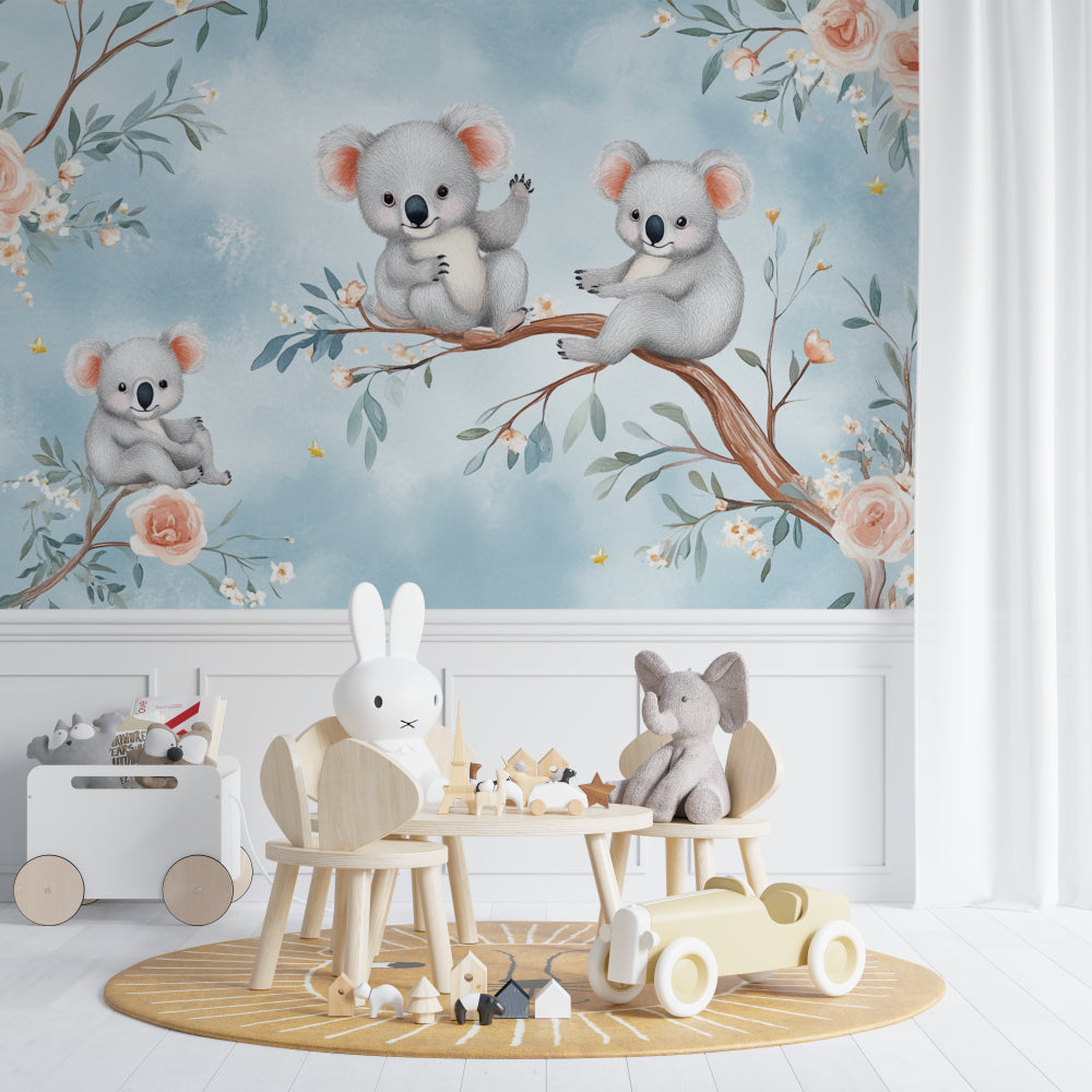 Sweet koala mural wallpaper brightening a baby girl's room with pink and white decor