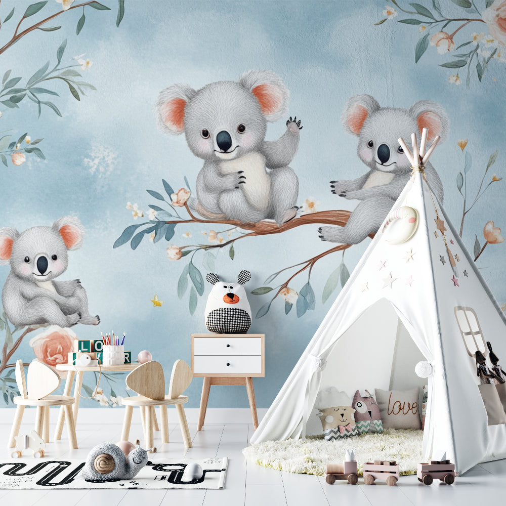 Floral koala wallpaper in a playroom setting with soft toys and reading nook