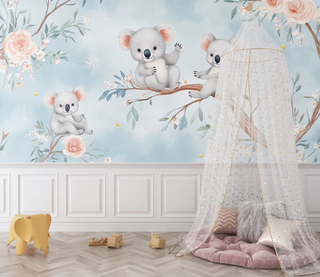 Australian nursery wallpaper showcased in a gender-neutral nursery with grey furniture