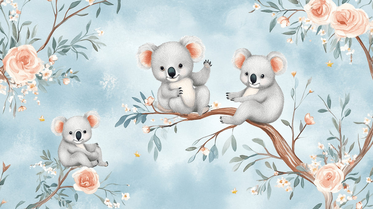 Koala and floral nursery design file showing detailed pattern with soft pink roses and eucalyptus leaves