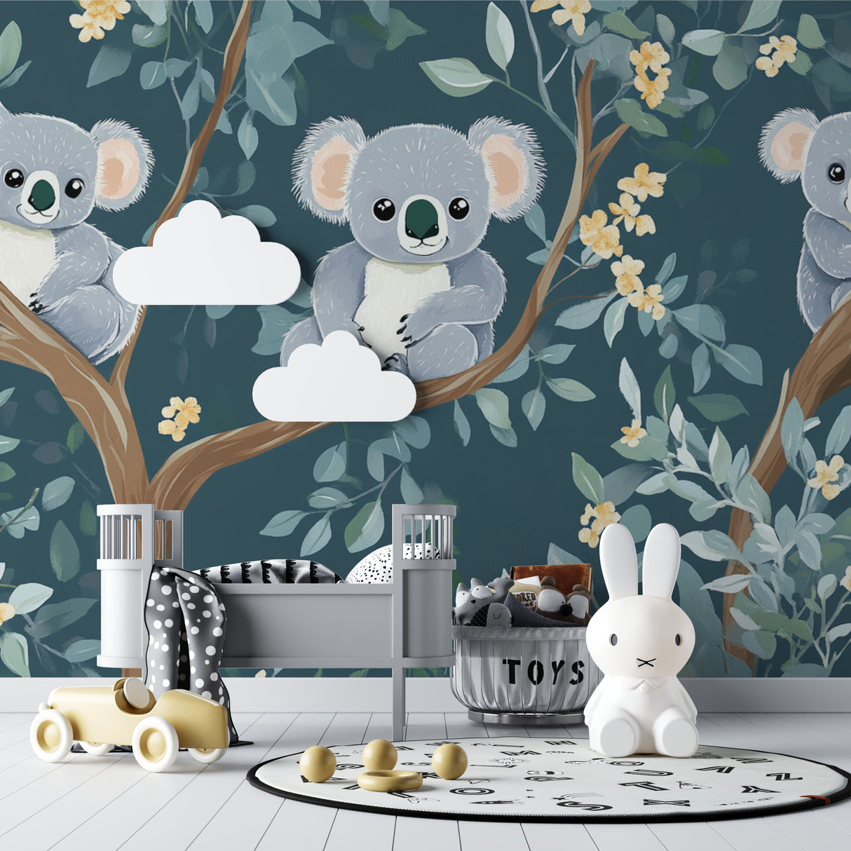Koala nursery wallpaper creating a peaceful atmosphere in a modern white nursery with natural wood furniture