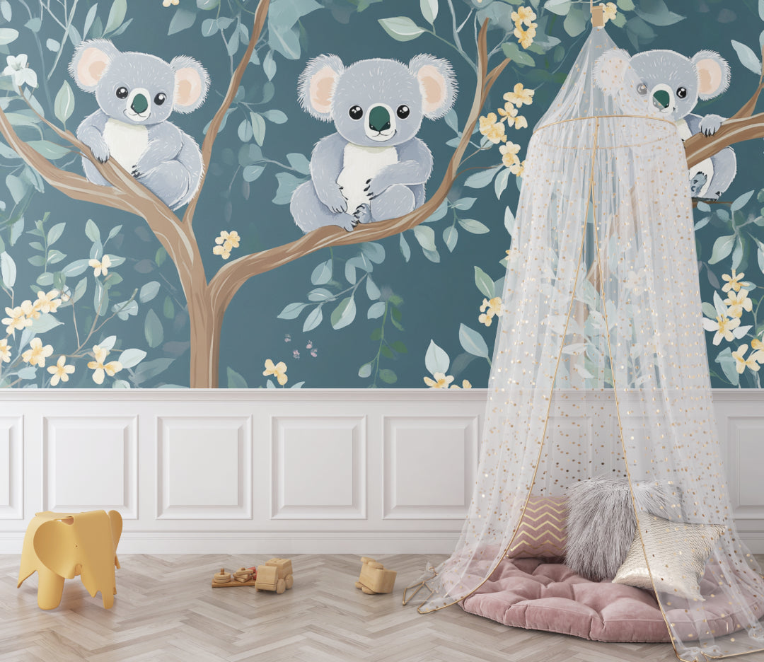 Sweet koala wall mural bringing Australian charm to a cozy reading nook in a child's bedroom
