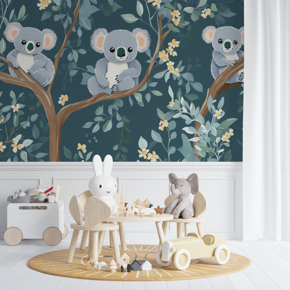 Forest animal wallpaper transforming a playroom with its gentle teal and yellow color scheme