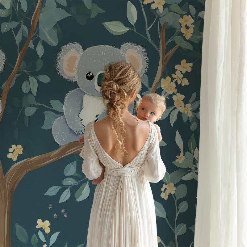 Dreamy koala wallpaper installation in a minimalist nursery with grey and white decor