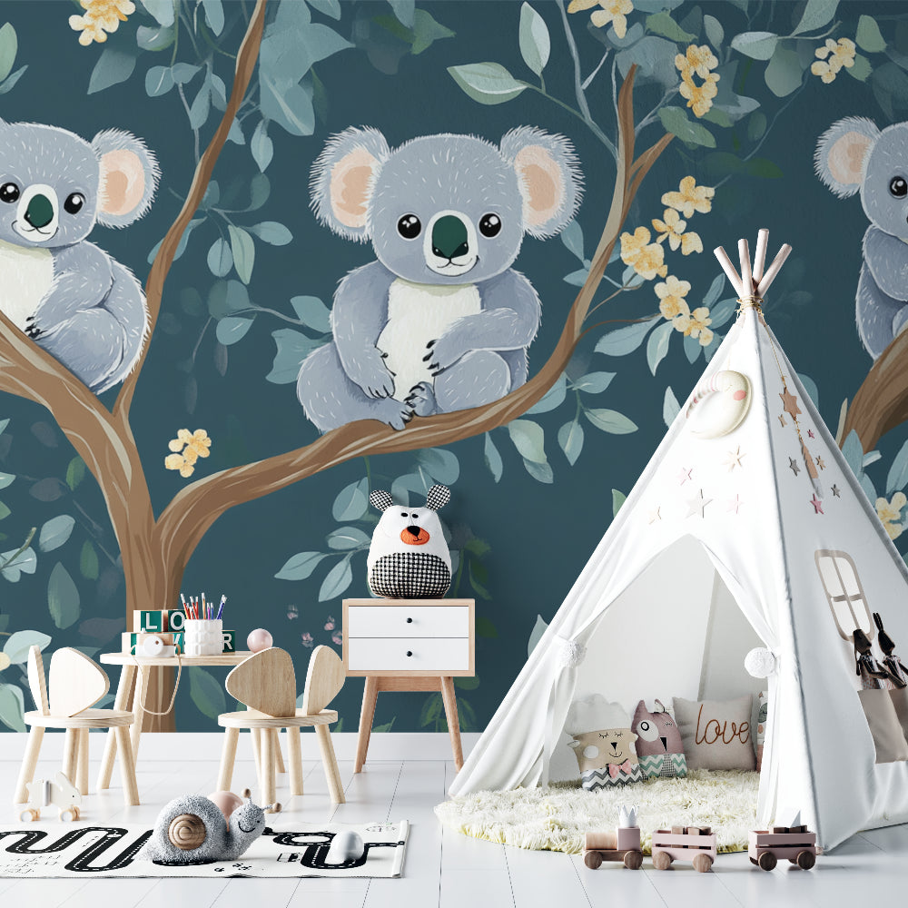 Australian koala mural creating a calming atmosphere in a modern baby room