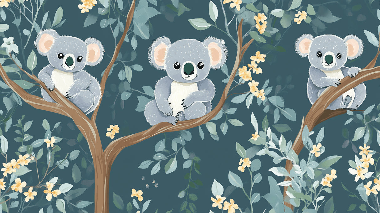 Koala nursery wallpaper design file showing detailed pattern with eucalyptus leaves and playful clouds