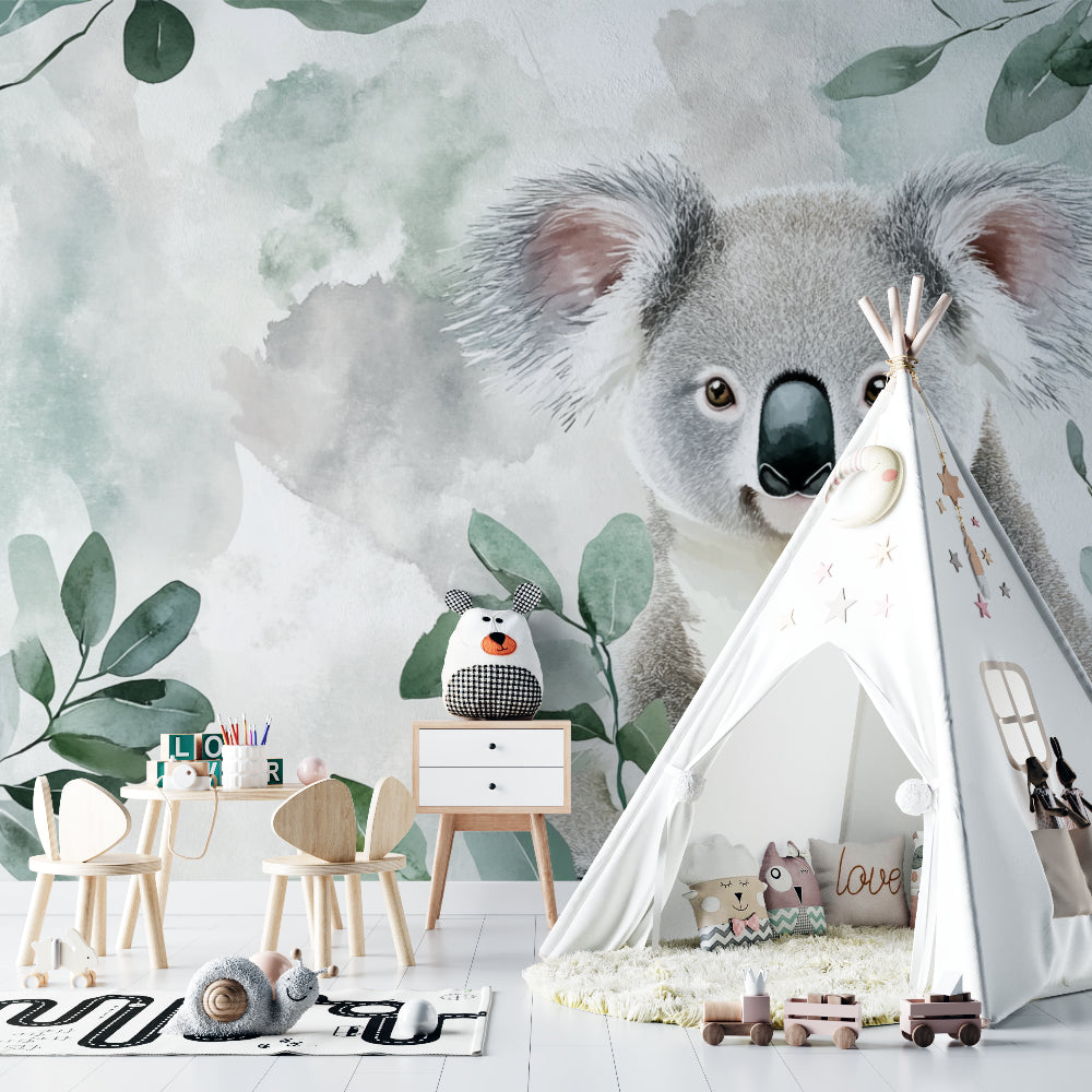 Koala wallpaper mural creating a peaceful atmosphere in a modern nursery with neutral furniture