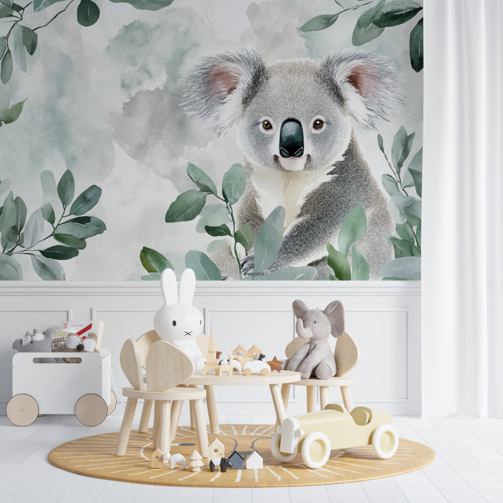 Koala nursery wallpaper styled in a Scandinavian-inspired baby room