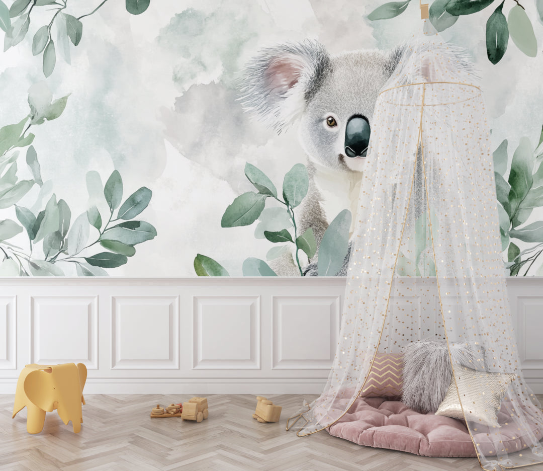 Sweet koala mural adding charm to a playroom with natural lighting