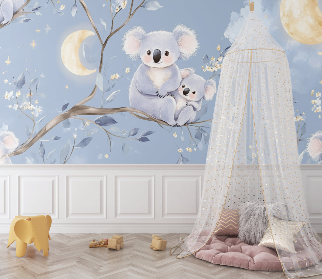 Koala nursery wallpaper creating a peaceful atmosphere in a modern nursery with soft lighting