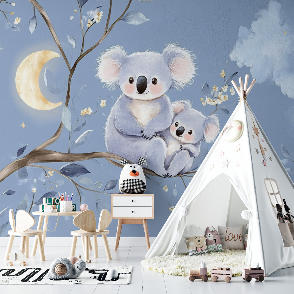 Baby koala wall mural bringing charm to a children's reading nook with rocking chair