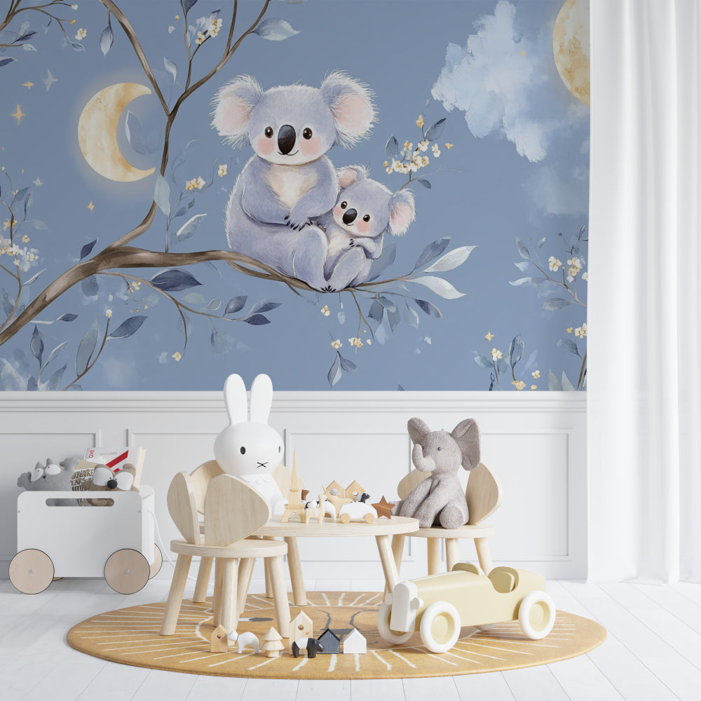 Australian koala wallpaper transforming a playroom with magical nighttime scene