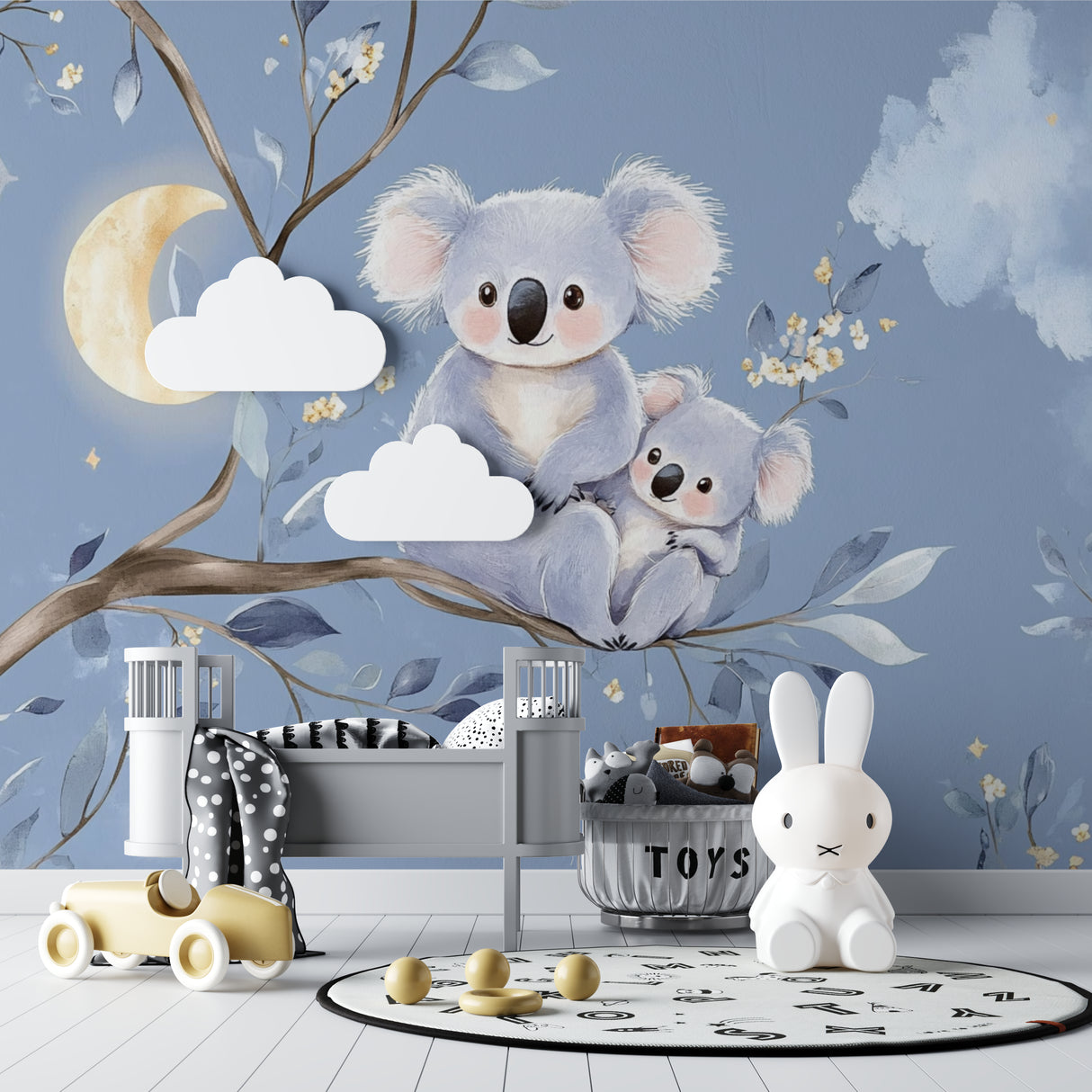 Dreamy koala mural enhancing a toddler's bedroom with gentle moonlight glow