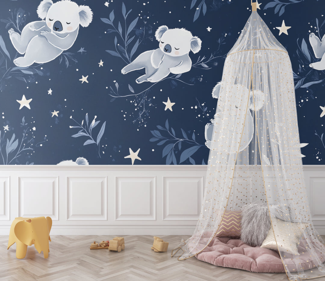 Koala night sky wallpaper in modern nursery with soft lighting creating a cozy sleep environment