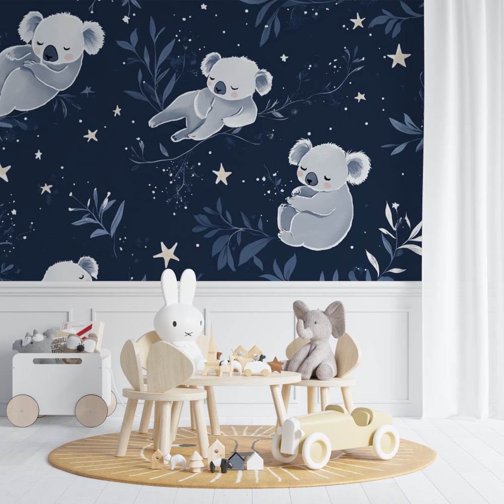 Dreamy koala wallpaper in children's bedroom with reading nook and star-themed decor
