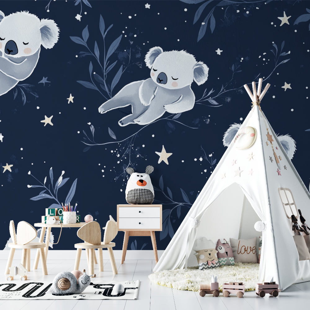 Night sky koala mural in baby room with crib and gentle mood lighting
