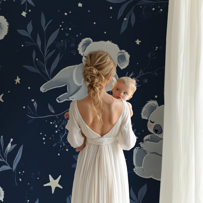 Koala wall mural in playroom showing scale and peaceful nighttime atmosphere