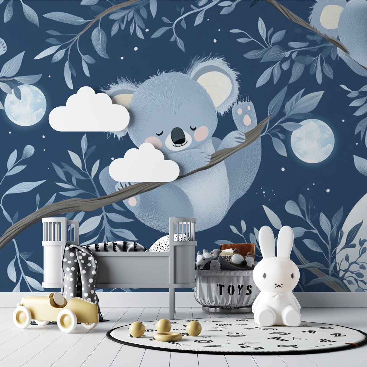 Night sky koala wallpaper in a child's reading nook with soft lighting