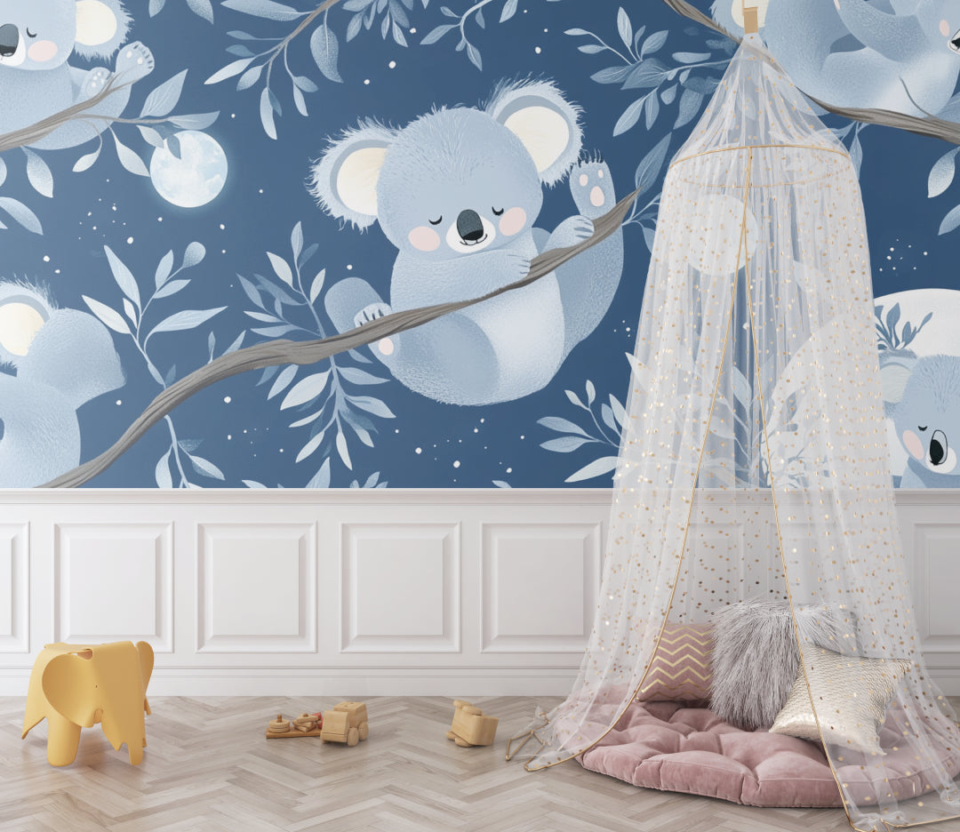 Koala wall mural creating depth in a cozy play area corner
