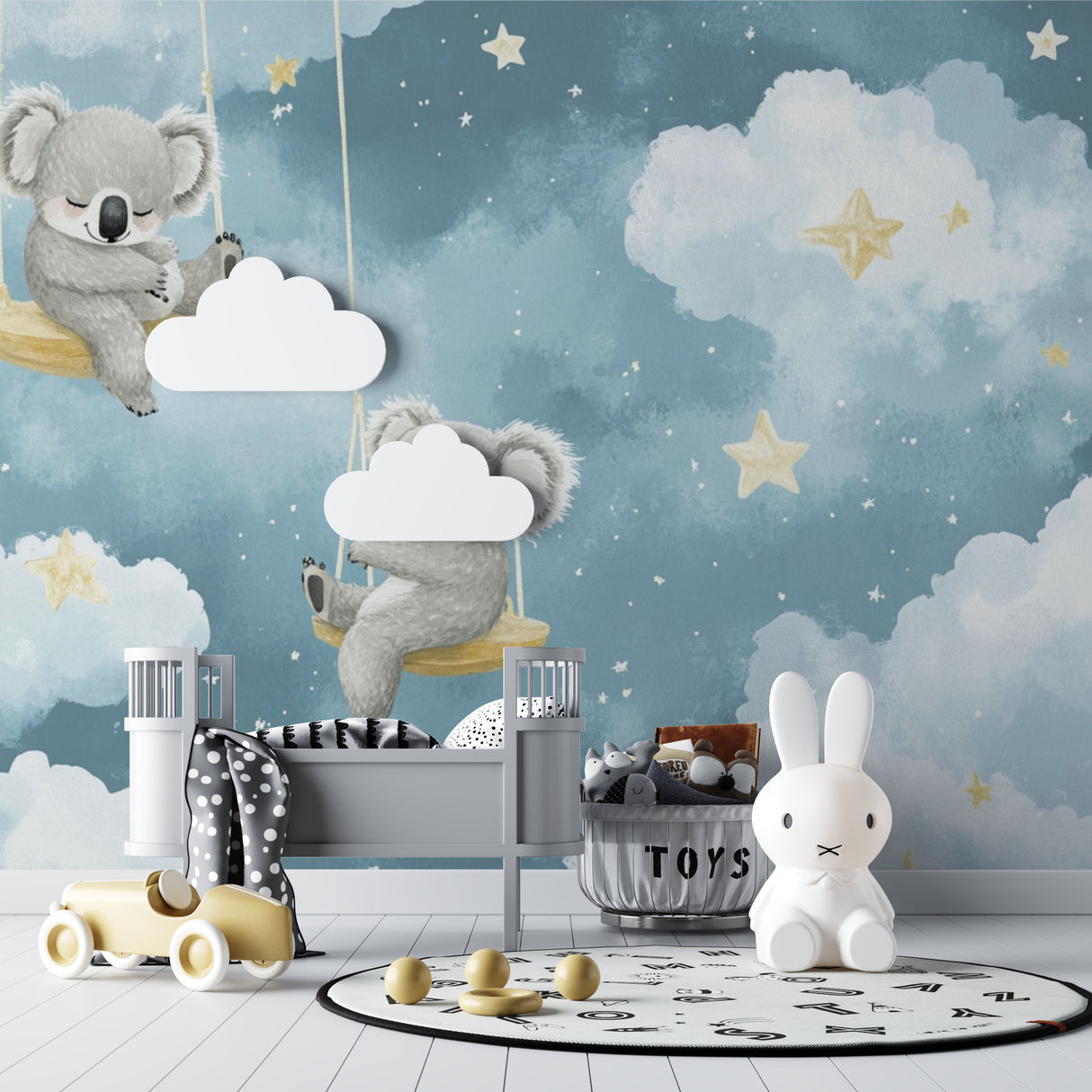 Koala nursery wallpaper in a soft-lit baby room, creating a peaceful sleeping space with stars and clouds