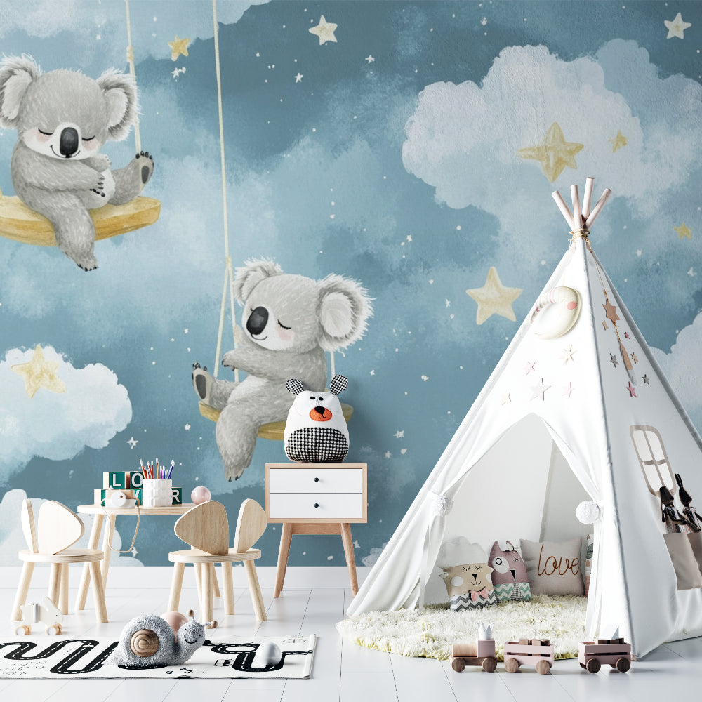Koala wall mural bringing magic to a toddler's bedroom with gentle night sky theme
