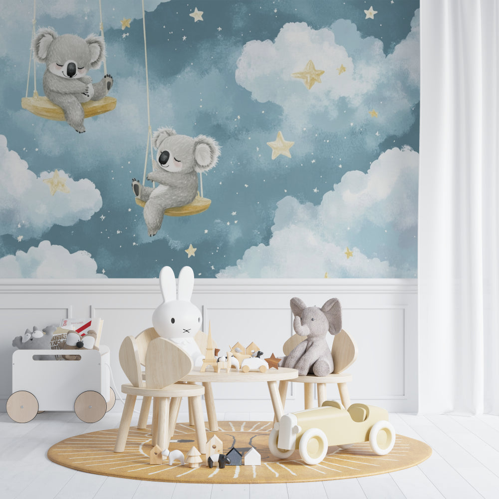 Dreamy koala wallpaper installation in a modern playroom with star accents