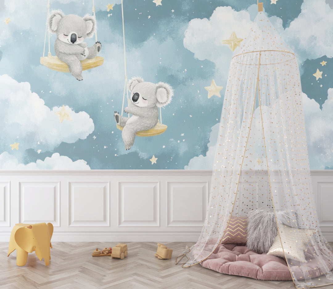 Night sky koala mural creating depth in a small nursery space