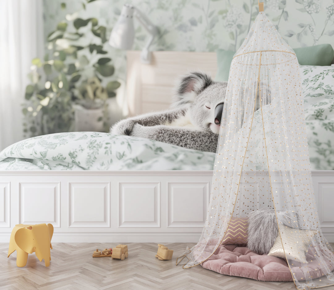 Australian wildlife wallpaper creating a cozy reading nook in a toddler's bedroom