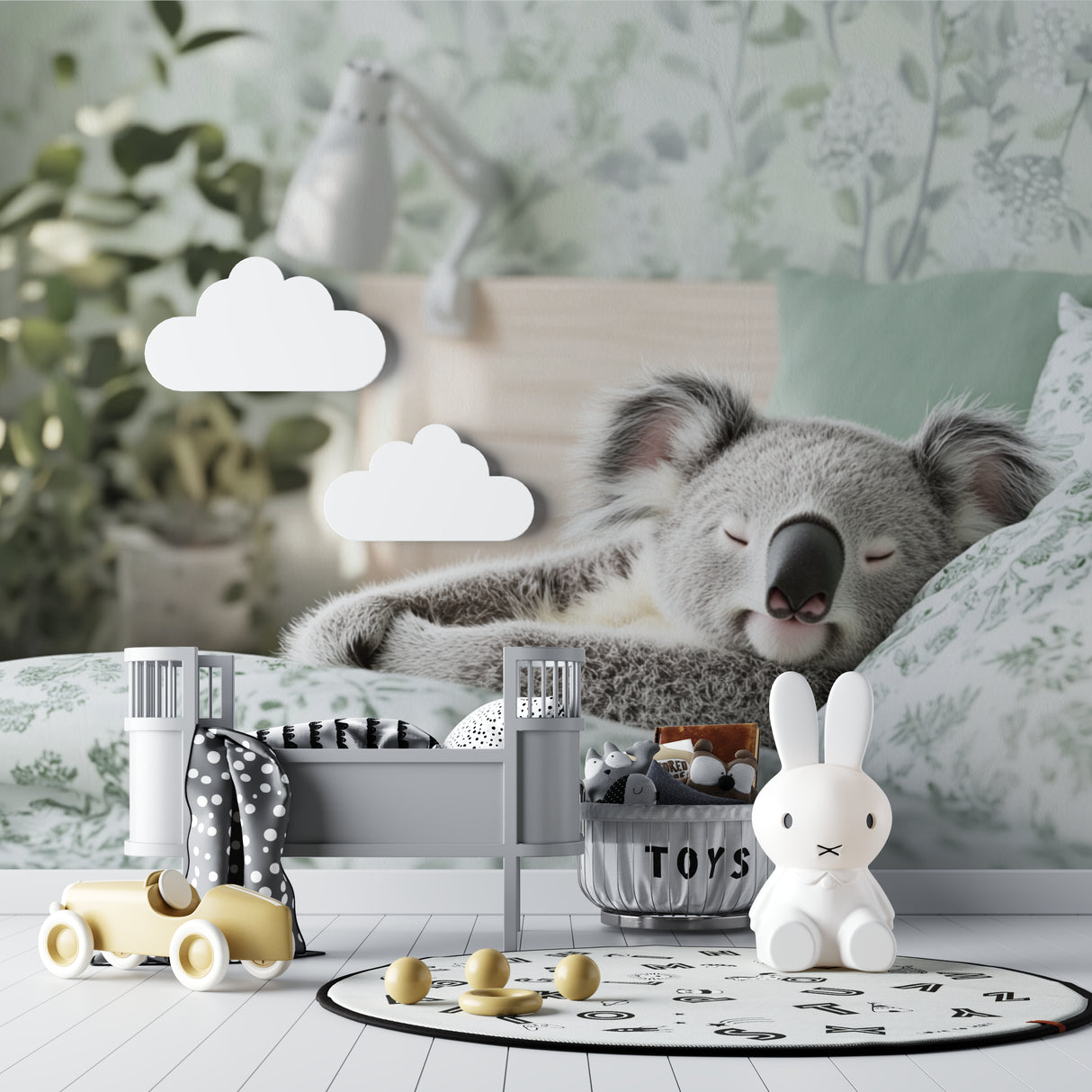 Botanical koala mural featured in a gender-neutral nursery with wooden accents