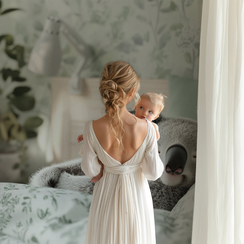 Koala wallpaper bringing nature indoors in a minimalist children's playroom