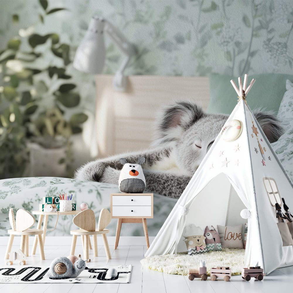 Green nursery wallpaper creating a calming atmosphere in a modern baby room