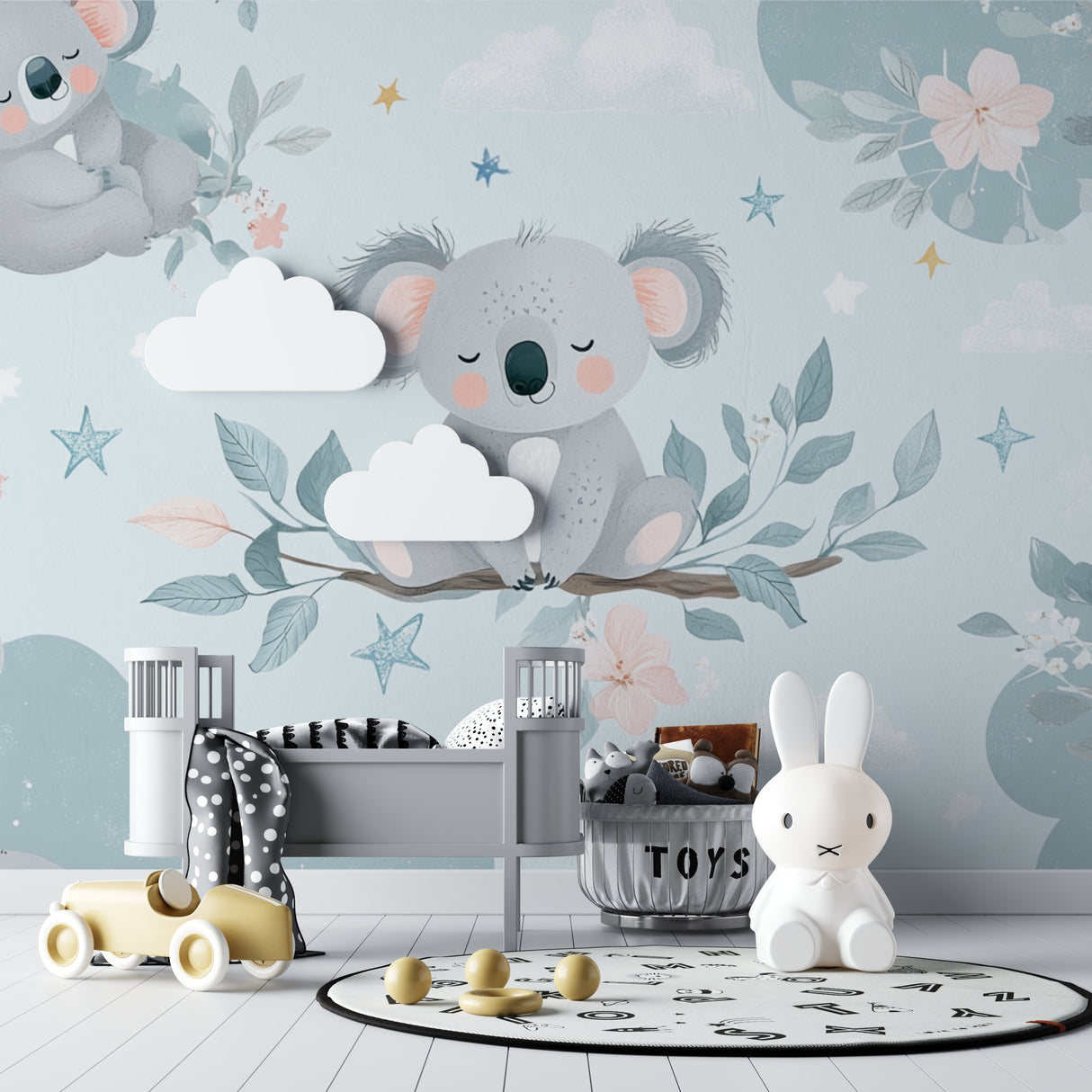 Pastel koala wall mural in modern toddler bedroom with natural wood elements