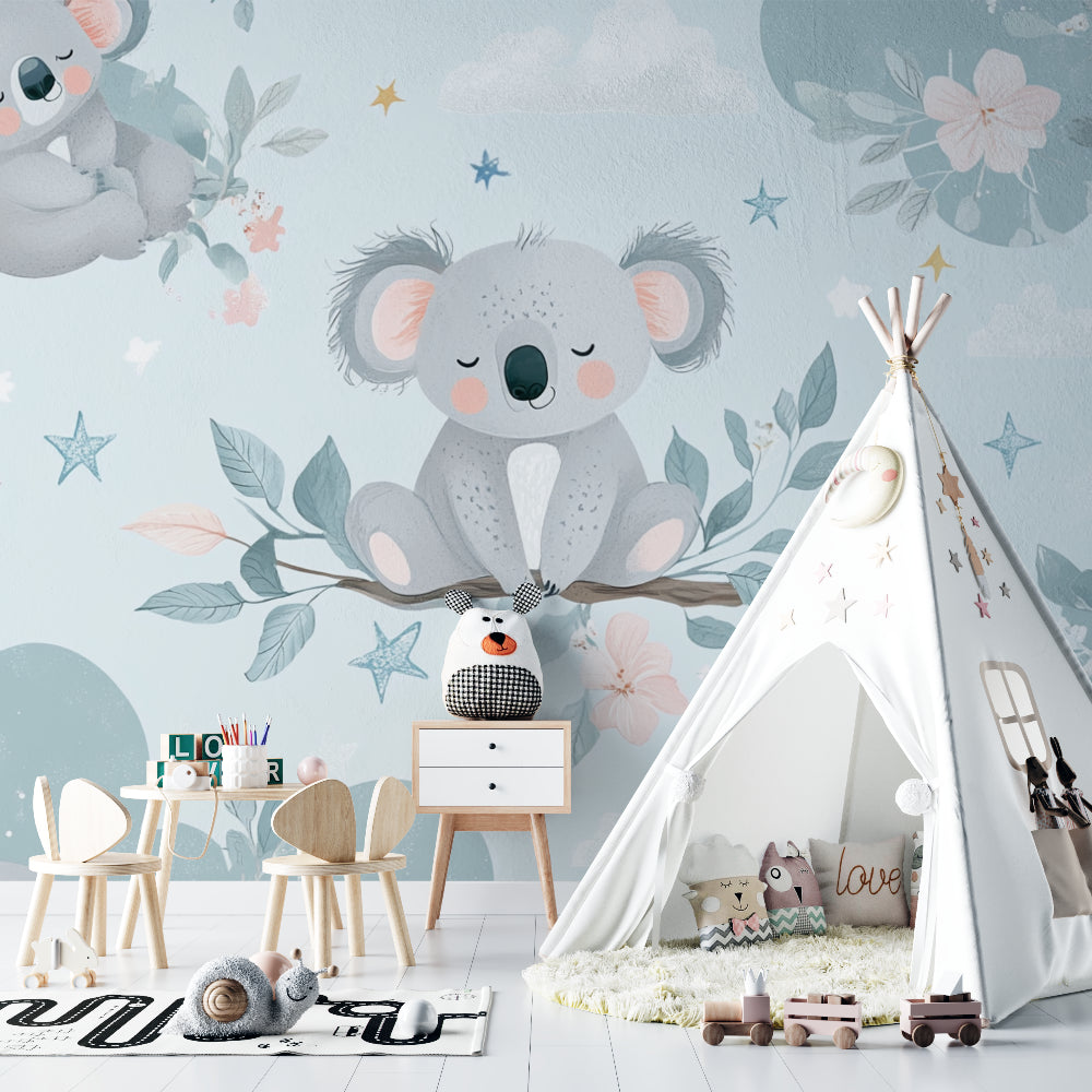 Australian koala wallpaper creating a calm corner in playroom setting