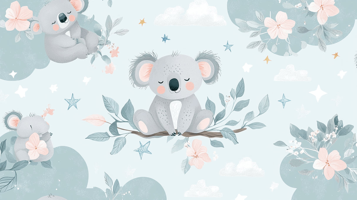 Koala nursery wallpaper design file showing full pattern with stars and eucalyptus leaves