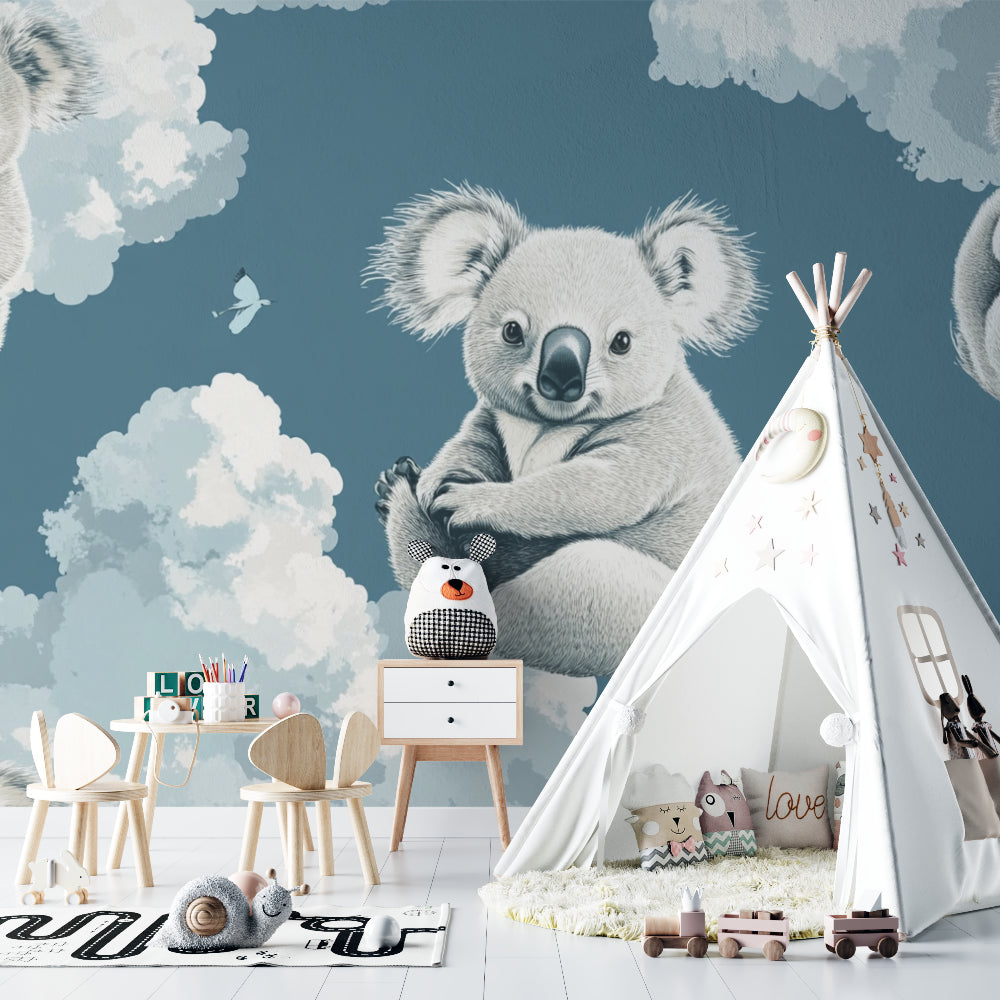 Playroom transformed with dreamy koala and cloud wallpaper design