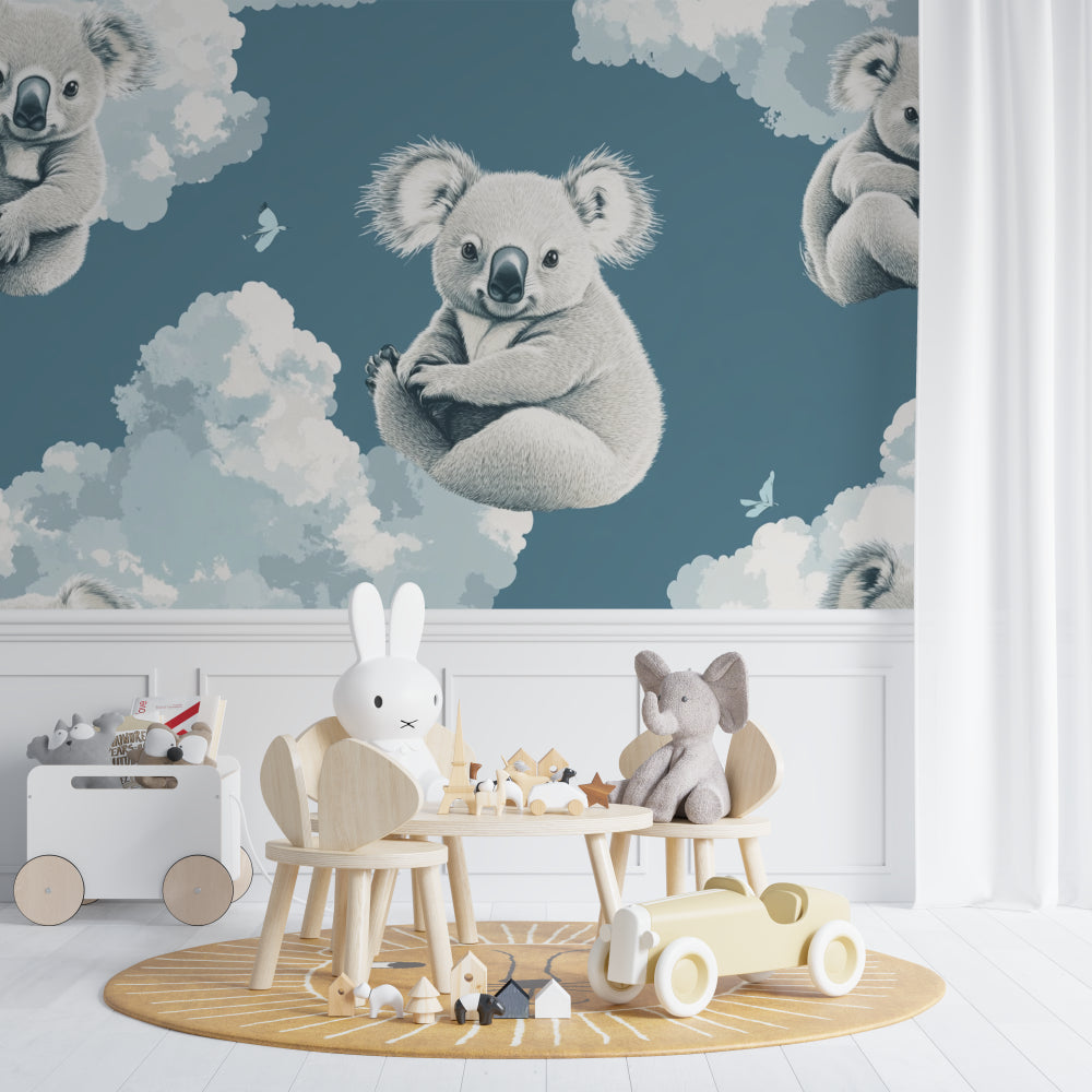 Guest room featuring calming koala wallpaper with soft cloud details