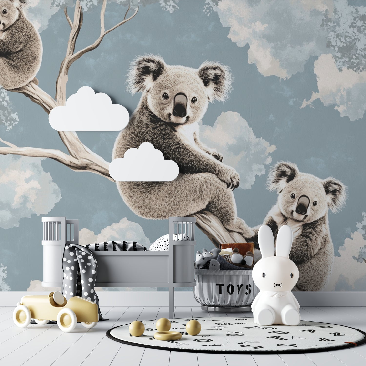Children's bedroom featuring koala wall mural with reading nook and soft lighting