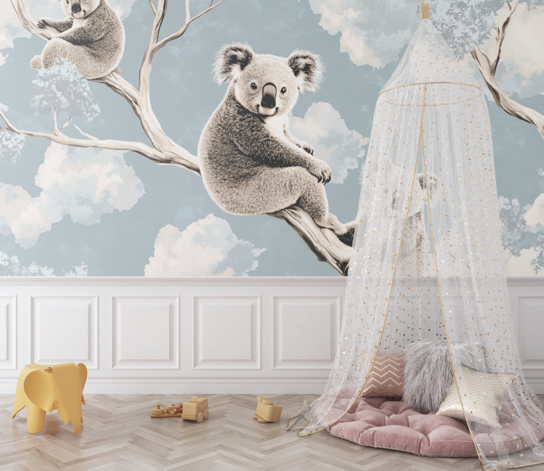 Playroom showcasing Australian koala wallpaper with natural wood accents