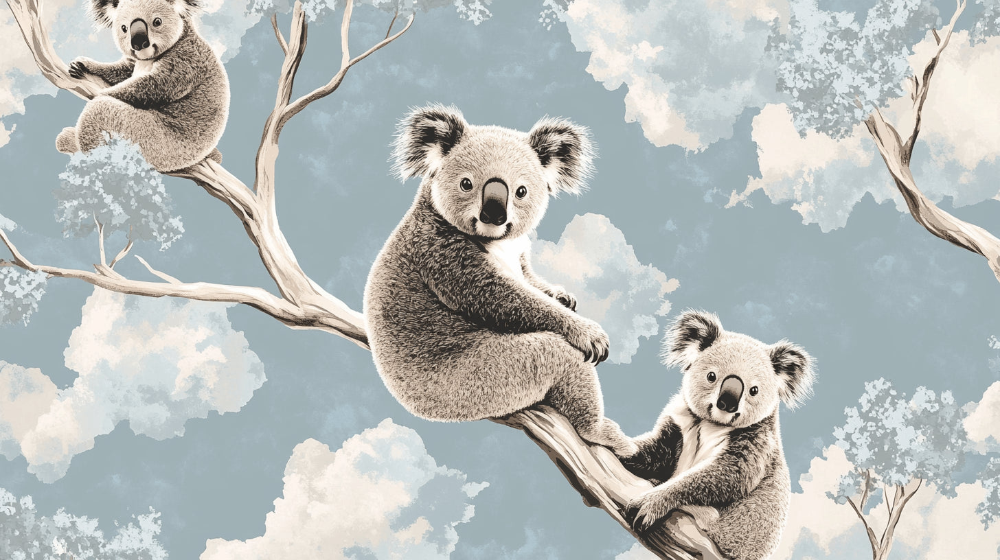 Koala wallpaper design file showing detailed pattern of sleepy koalas on branches against blue sky