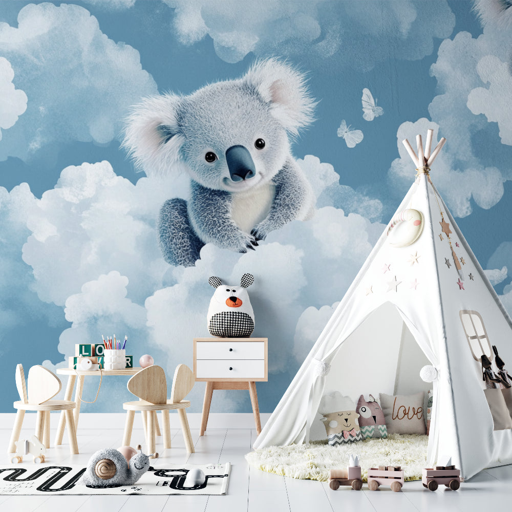 Kids bedroom featuring koala wallpaper with soft lighting highlighting the dreamy cloud pattern