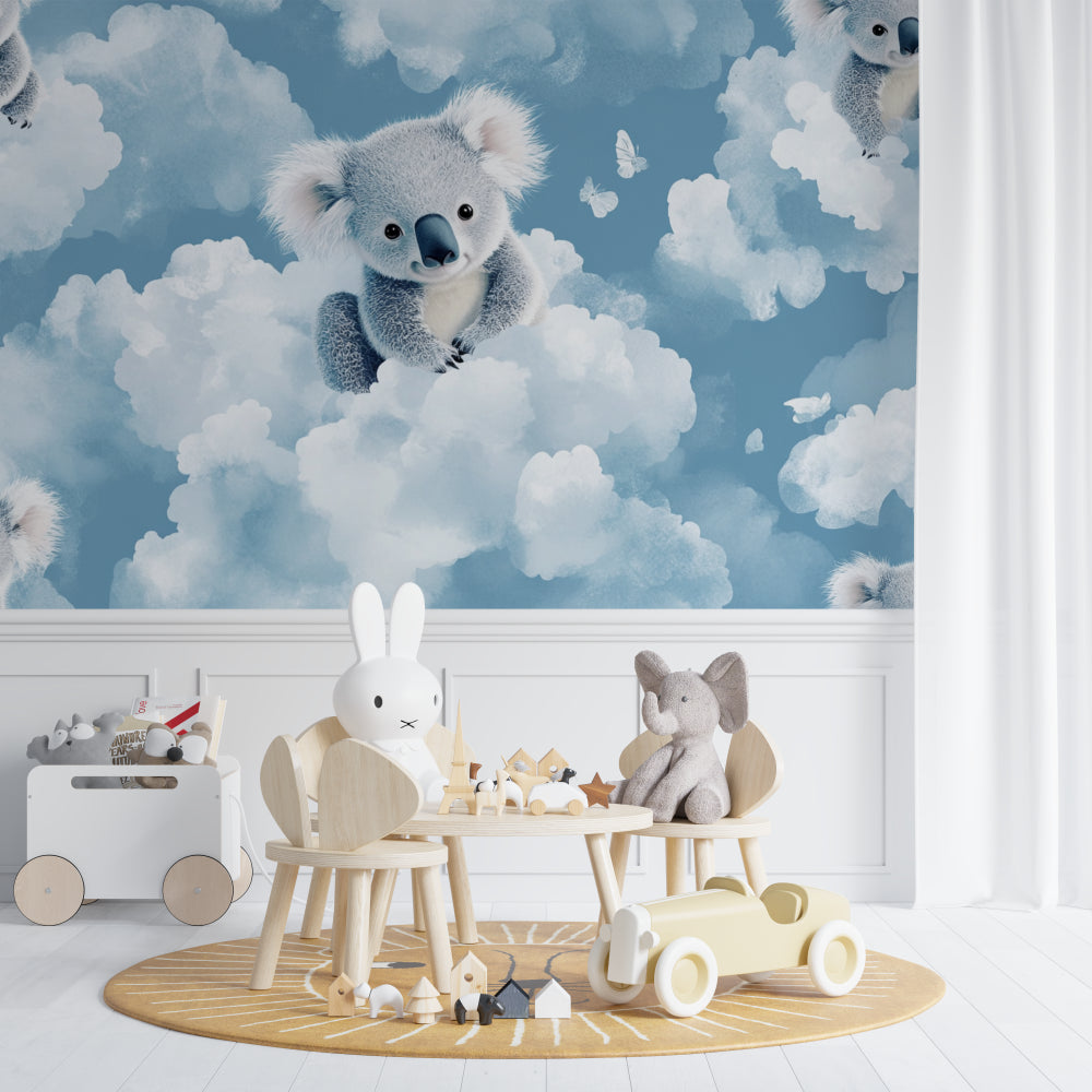 Playroom setup with koala cloud mural creating a peaceful yet playful atmosphere