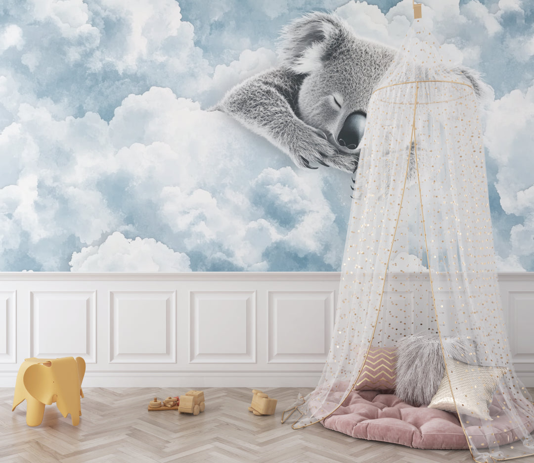 Koala cloud wallpaper in a cozy nursery with soft lighting and wooden furniture