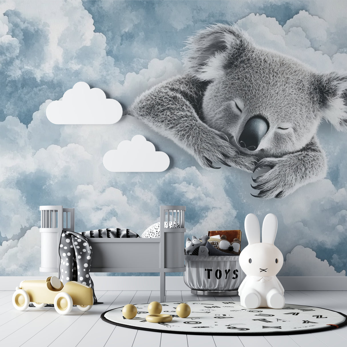 Dreamy koala wallpaper brightening a child's reading nook with plush seating
