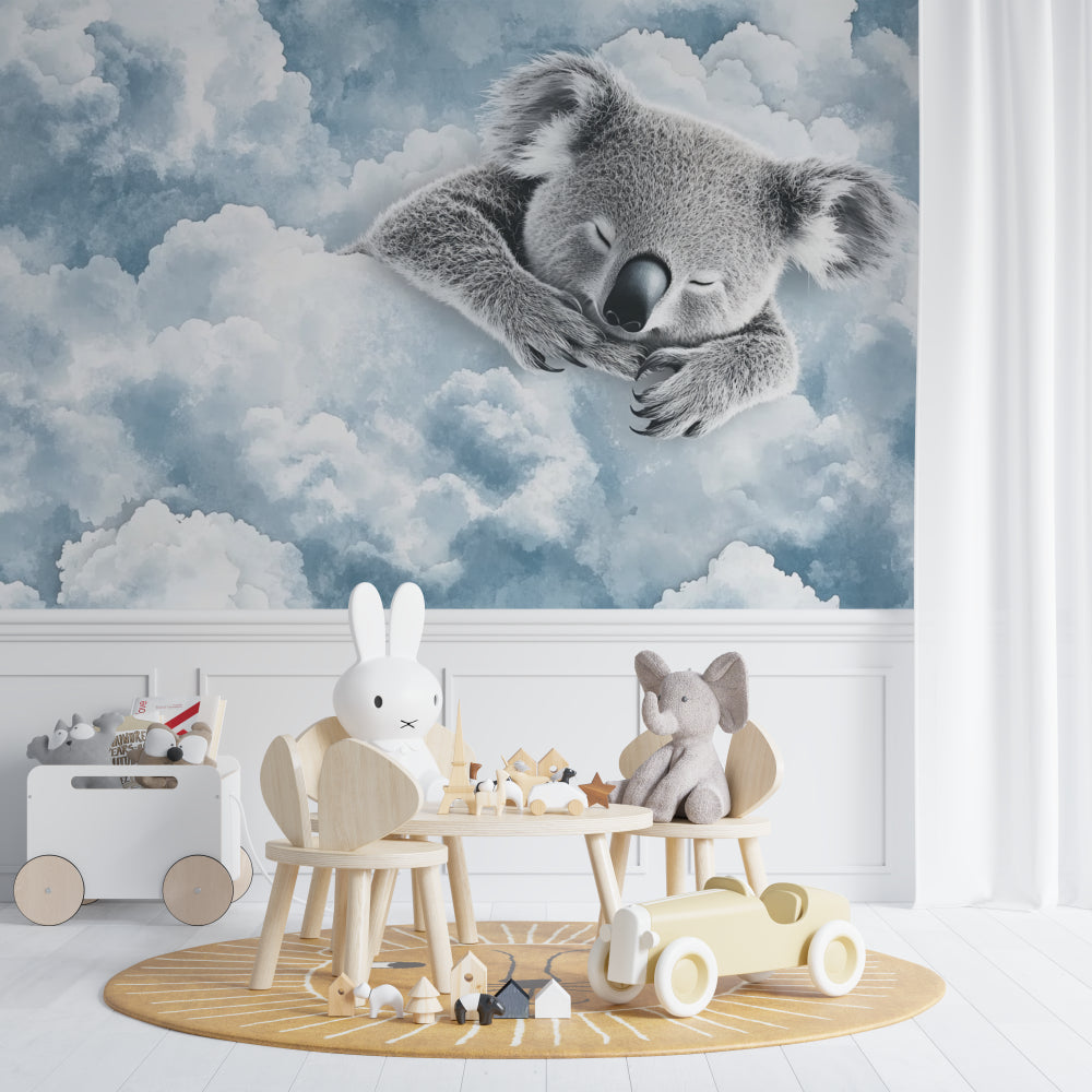 Koala nursery wallpaper creating a calming atmosphere in a baby's room