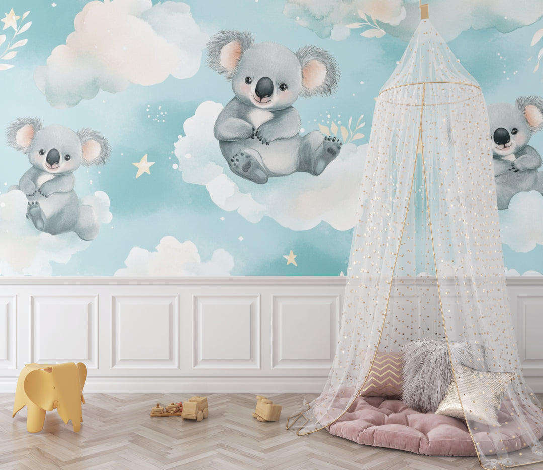 Koala nursery wallpaper installed in a bright modern nursery with white furniture and natural light