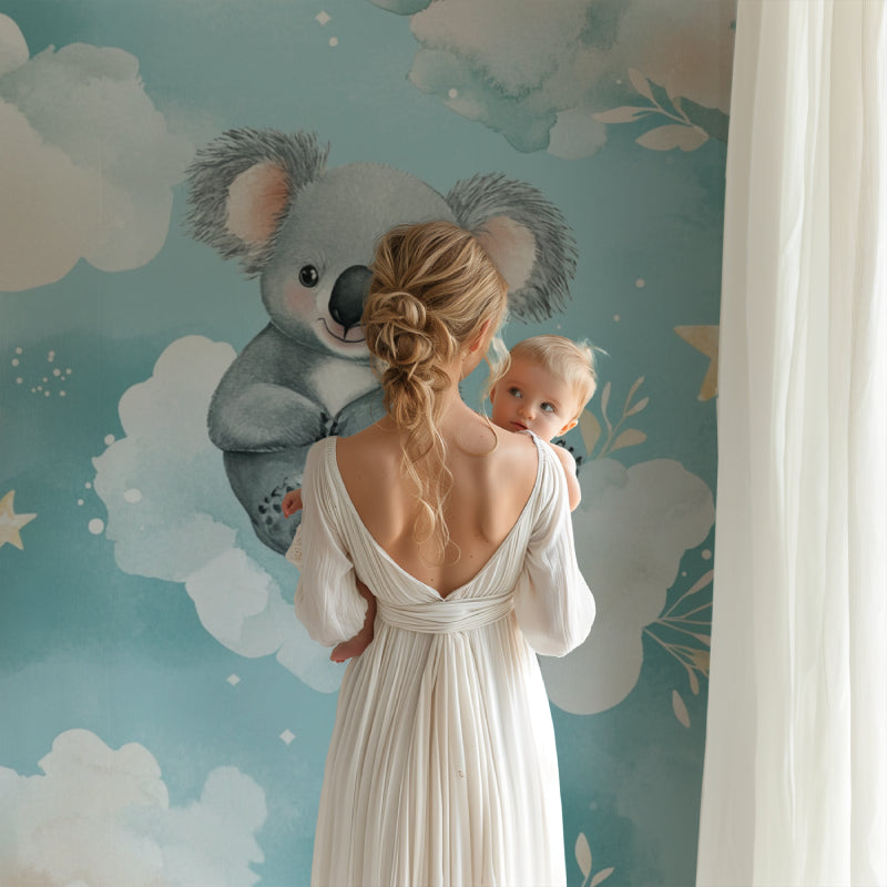 Dreamy koala wallpaper in a toddler's bedroom with reading nook and soft lighting