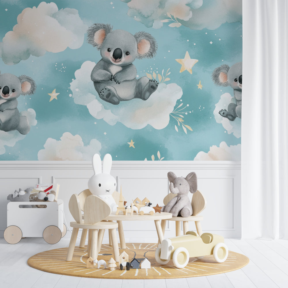 Nursery animal wallpaper featuring koalas in a playroom setting with colorful toys