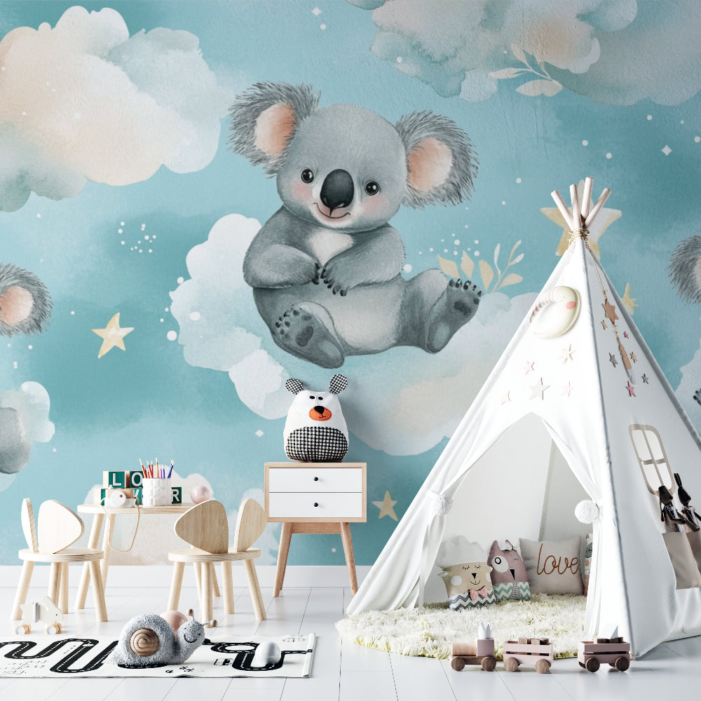 Koala wall mural in a gender-neutral nursery with minimal Scandinavian decor